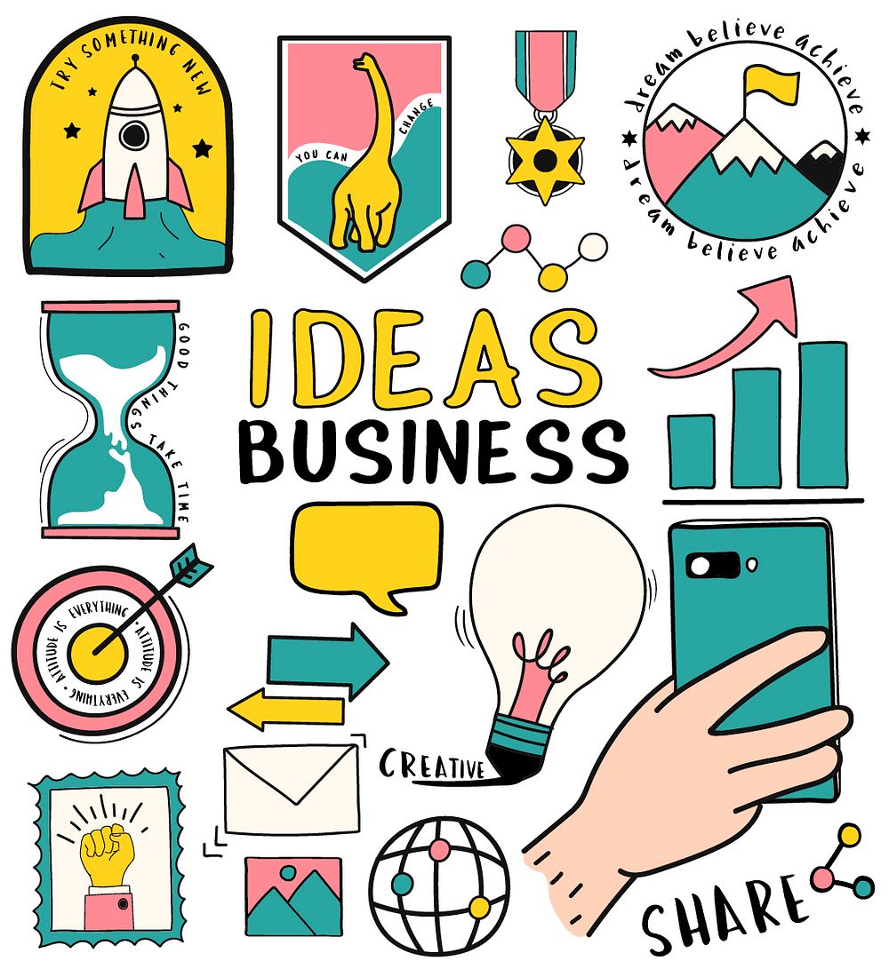 Hand drawn set of ideas and business symbols illustration