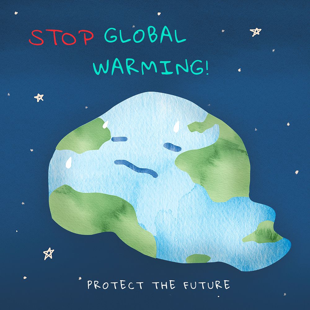 Editable environment template psd for social media post with stop global warming text in watercolor