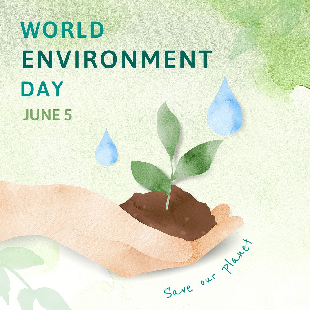 Environment theme editable template psd for social media post with world environment day text in watercolor