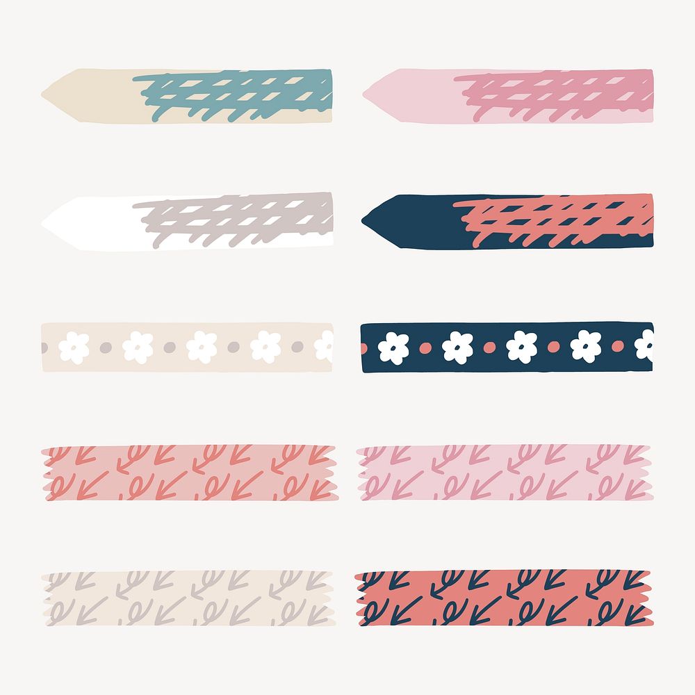 Doodle patterned washi tape, journal collage element vector set