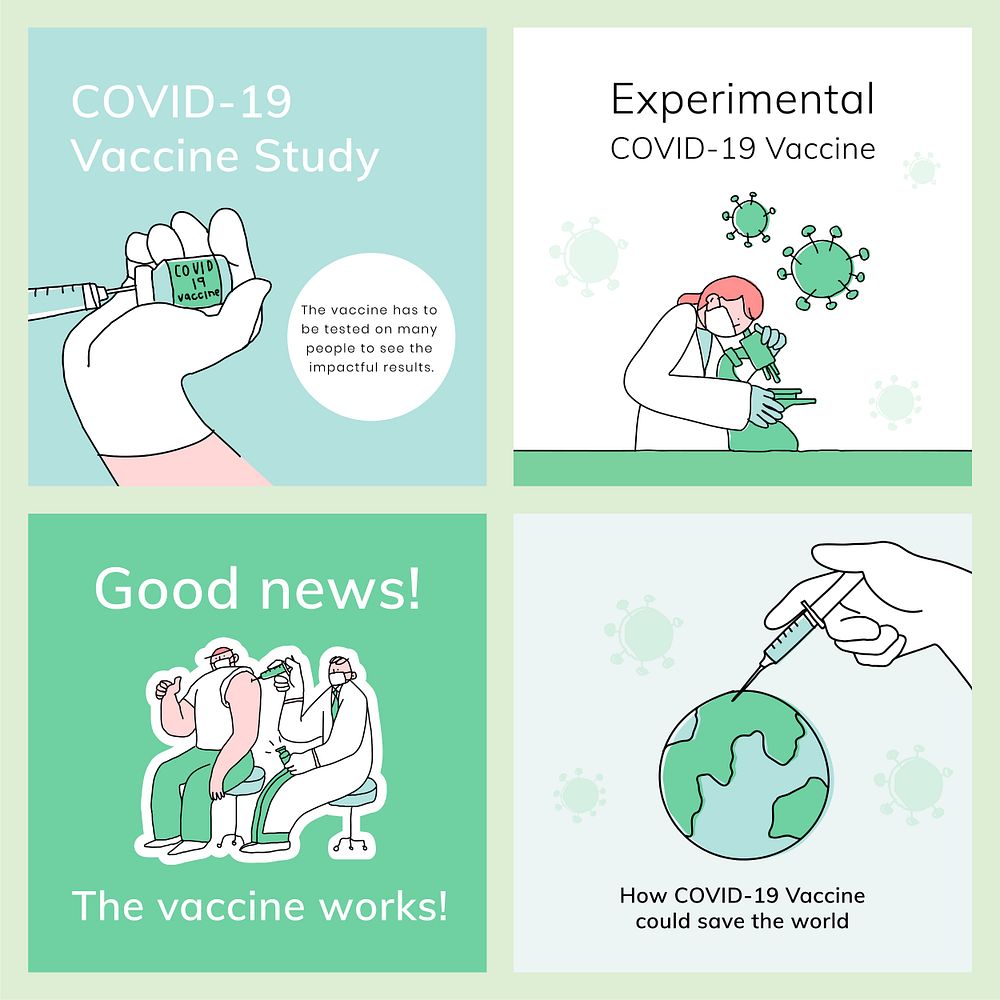 Vaccine development editable templates psd for covid 19 social media post doodle illustration