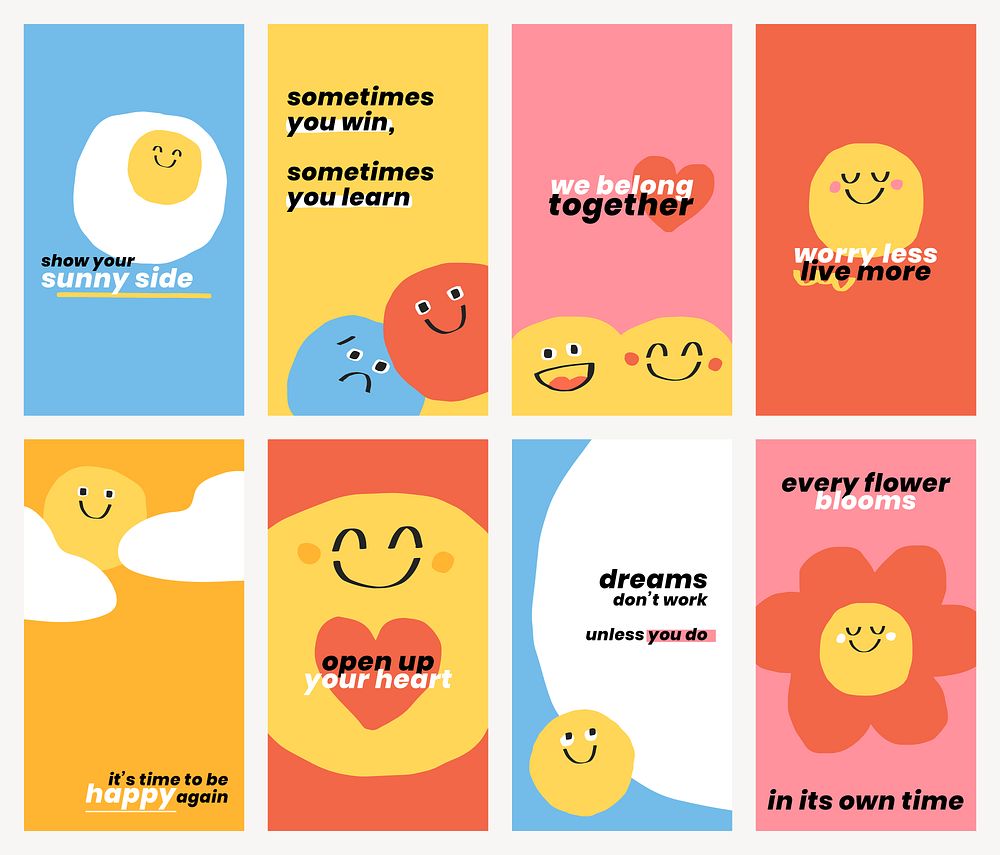 Cute positive quotes templates psd doodle smiley emoticons banner set