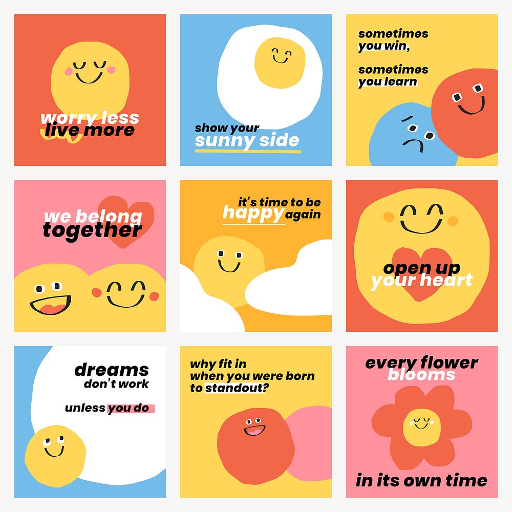 Cute positive quotes templates psd doodle smiley emoticons social media post set