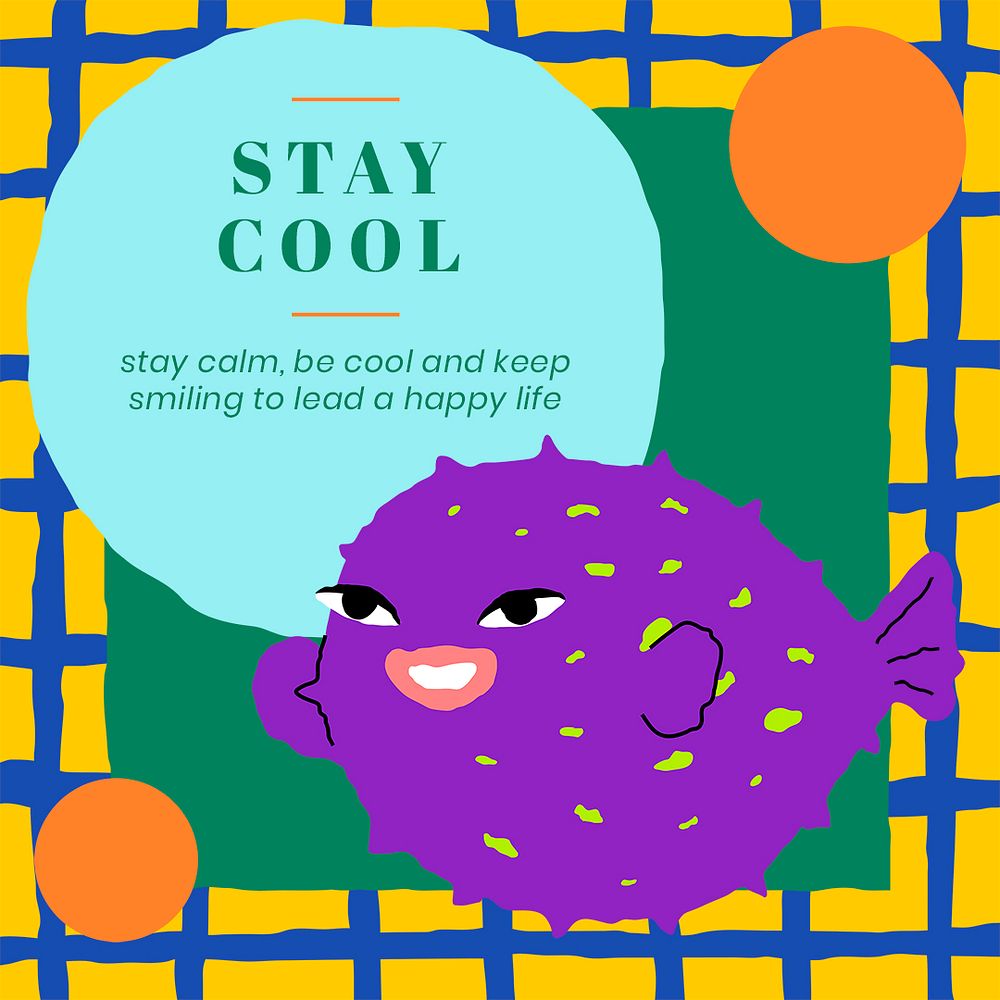 Stay cool phrase psd template positive cute purple fish social media post