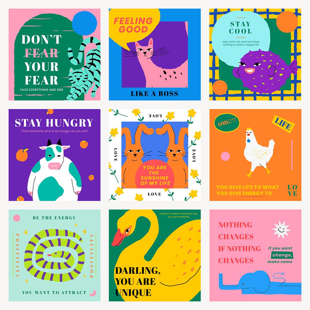 Motivational quote template psd for social media post with cute animal illustration set