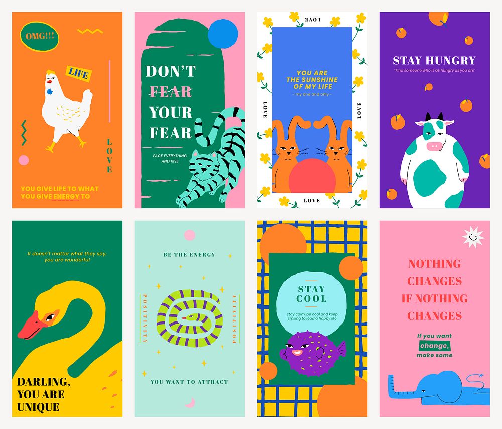 Motivational quote template psd for social media story with cute animal illustration set