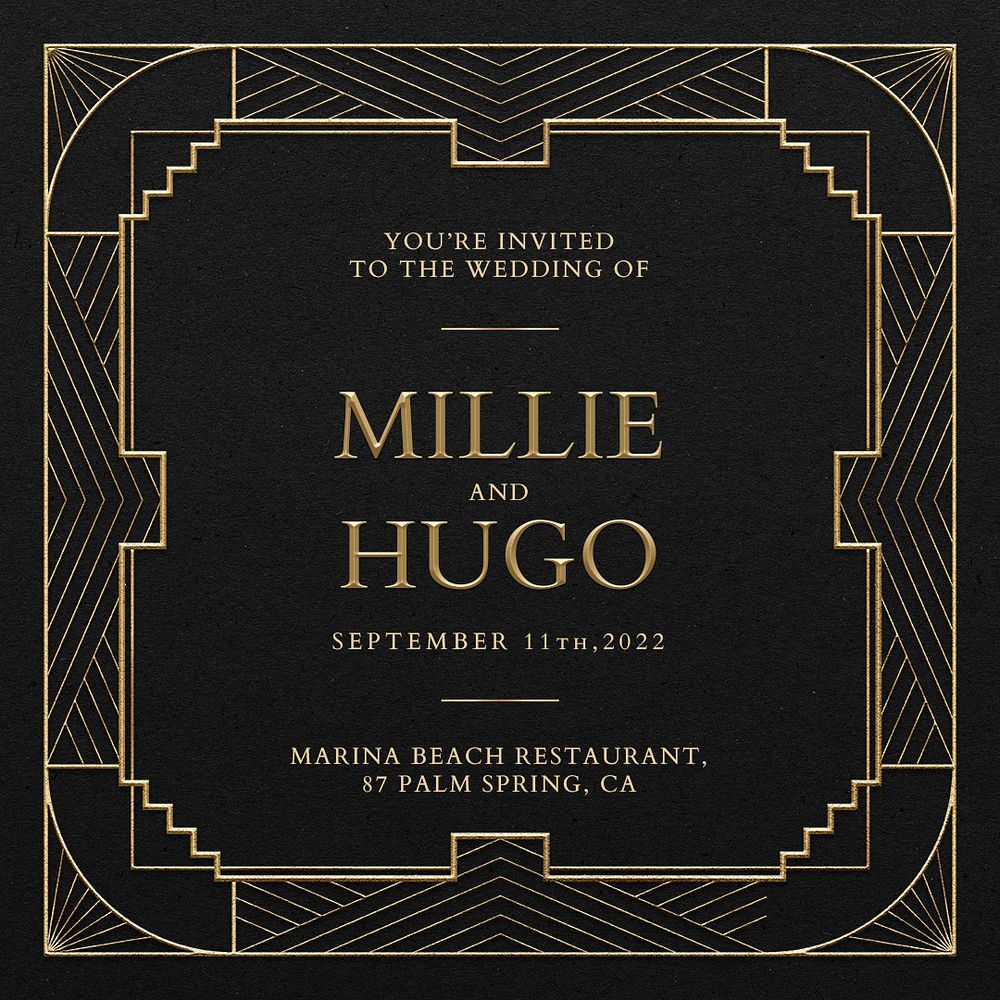Wedding invitation psd template with art deco pattern for social media post
