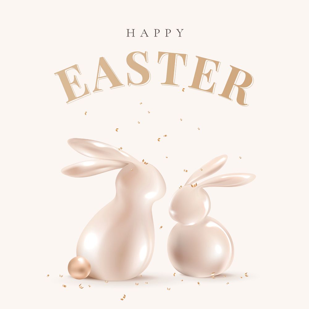 Happy Easter luxury template psd with 3D bunny rose gold social media post