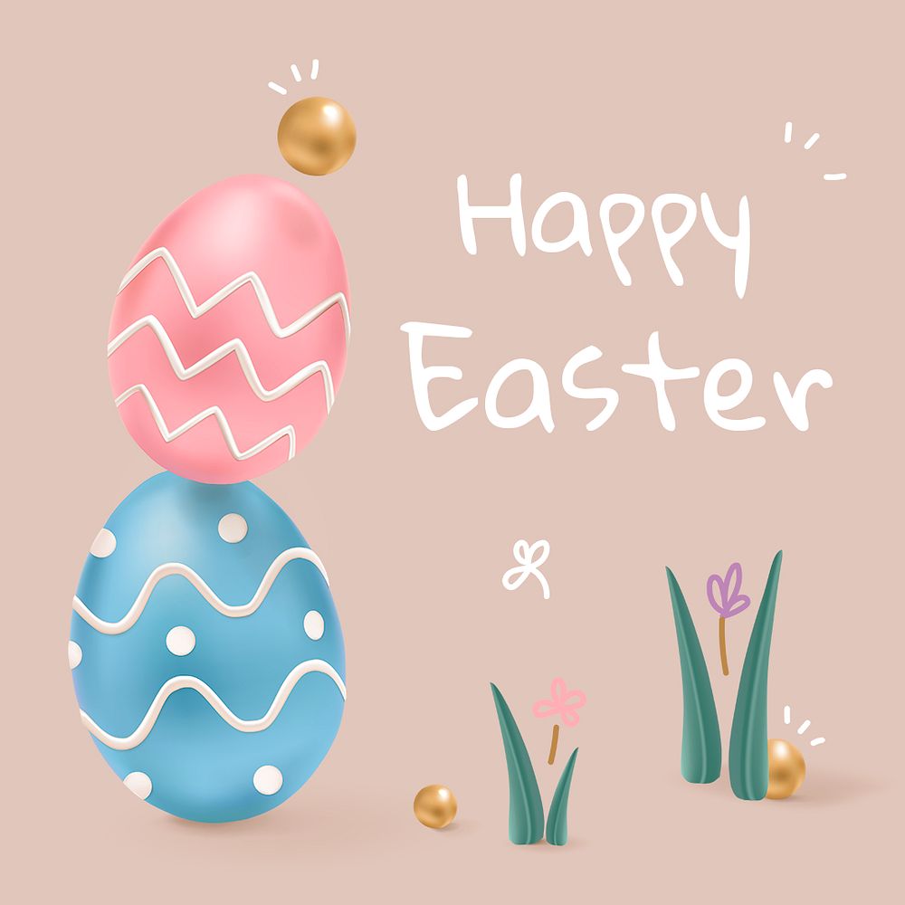 Happy Easter cute template psd greeting with colorful eggs and bunny social media post