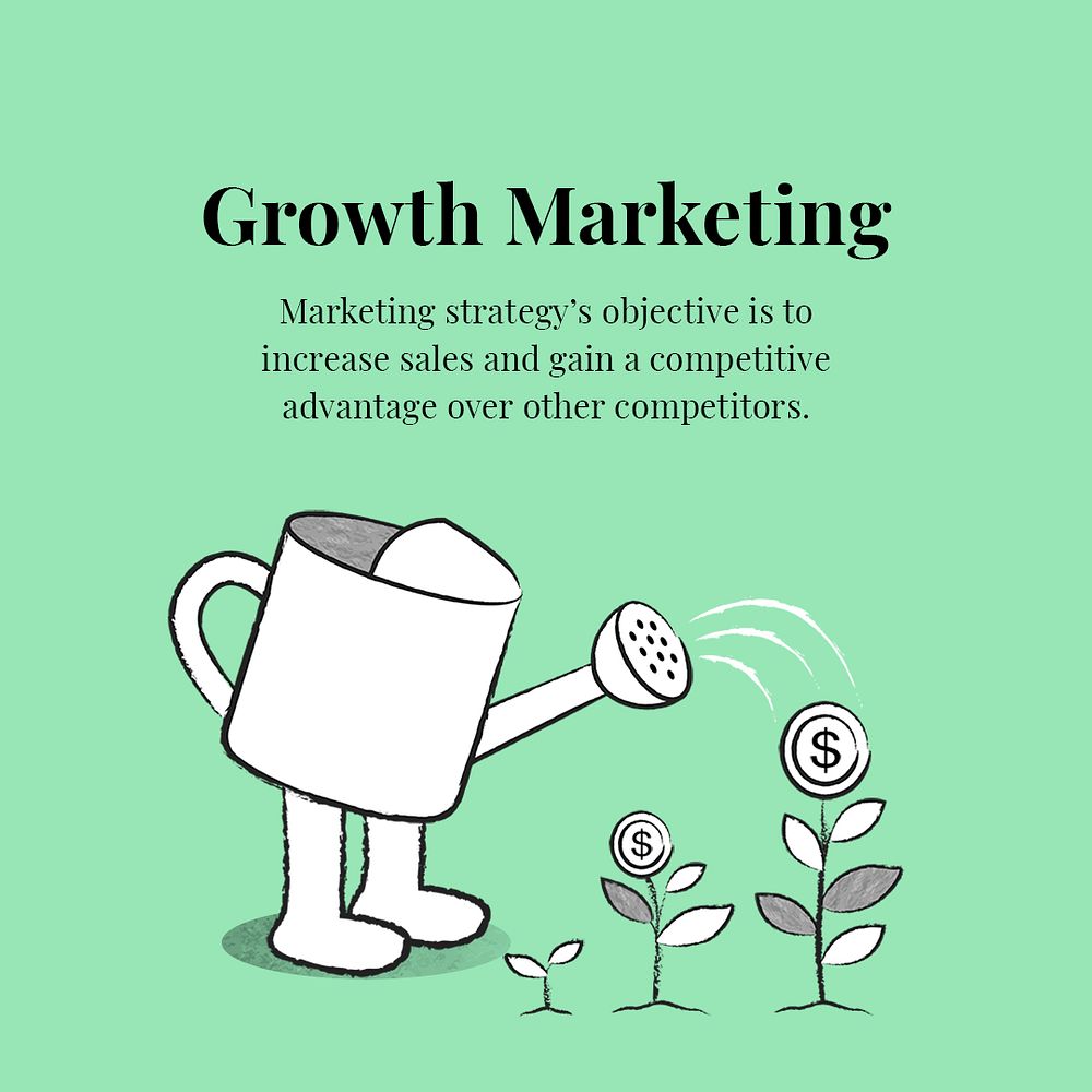 Growth marketing editable template psd with watering can doodle business illustration