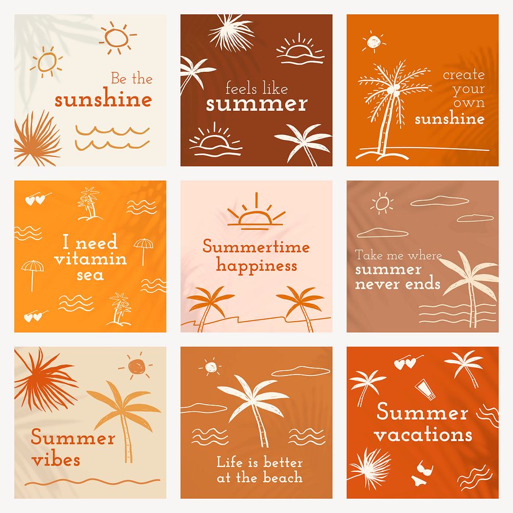 Editable summer templates psd with cute doodle set for social media posts