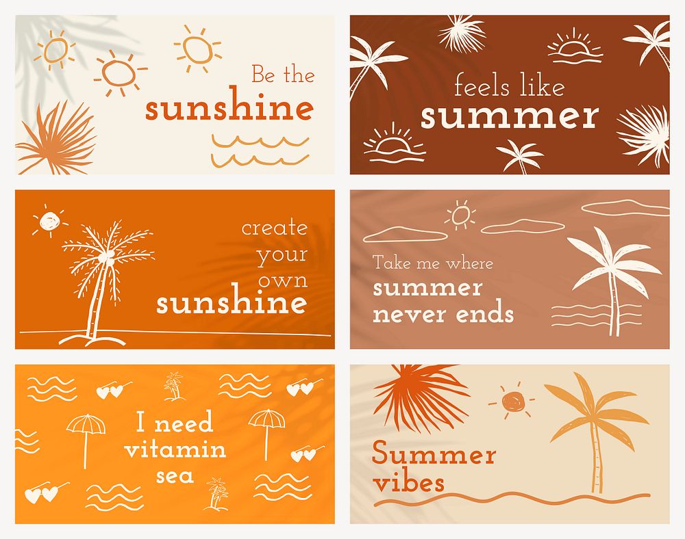 Editable summer templates psd with cute doodle set for social media banner