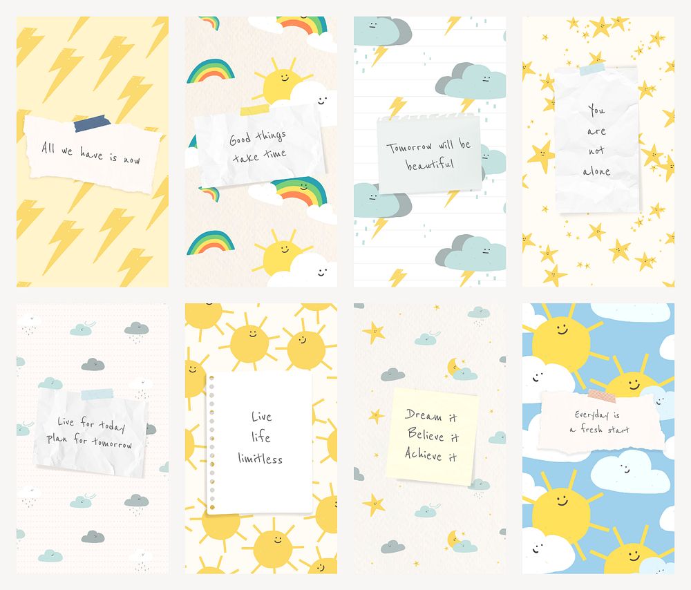 Motivational quote social template psd with cute weather doodle banner set