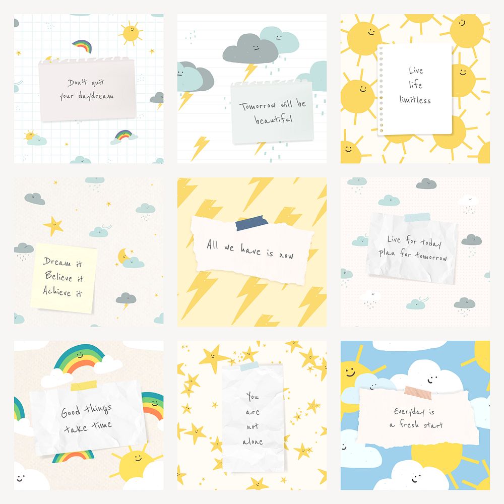 Cheerful quote template psd quote with cute weather drawings social media post set