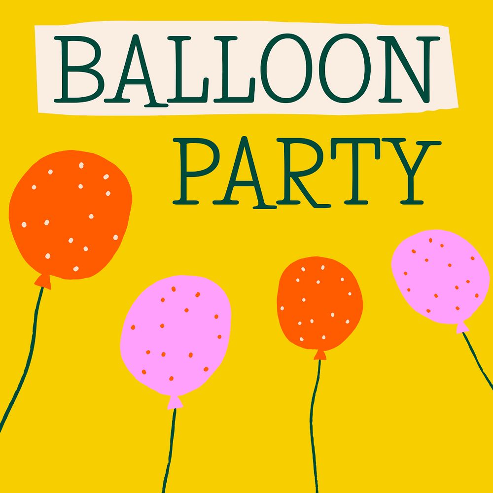 Cute party greeting template psd with doodle balloons social media post