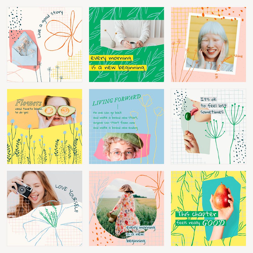 Aesthetic floral editable template psd social media post and photo set 