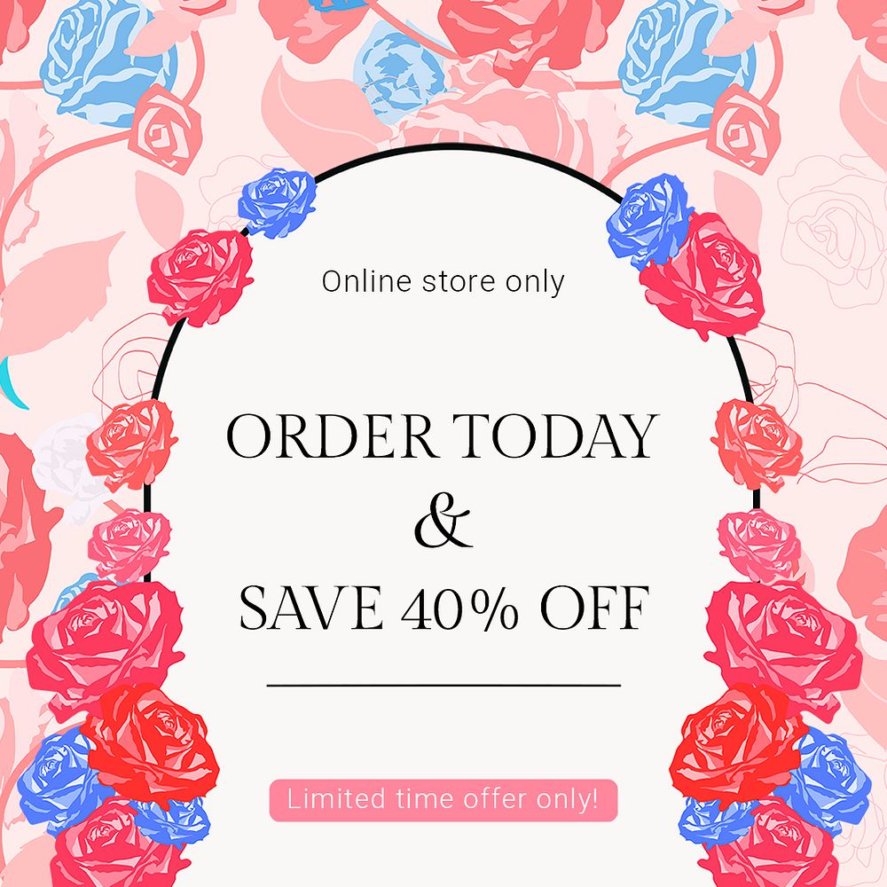 Feminine floral SALE template psd with colorful roses fashion social media ad