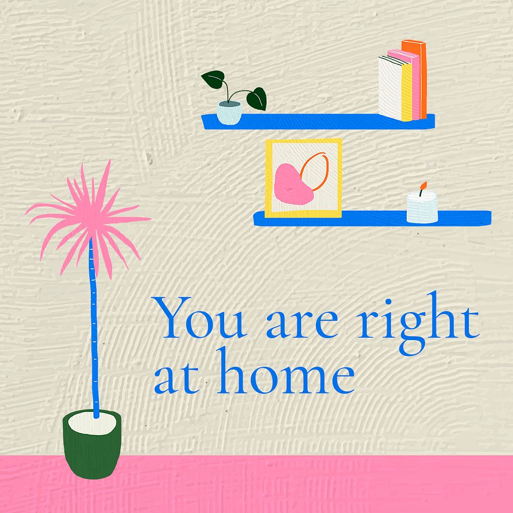 Interior banner template psd with you are right at home quote in hand drawn style