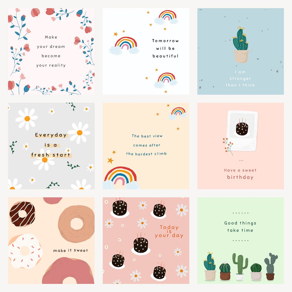 Good mood quote template psd set for social media post cute hand drawn