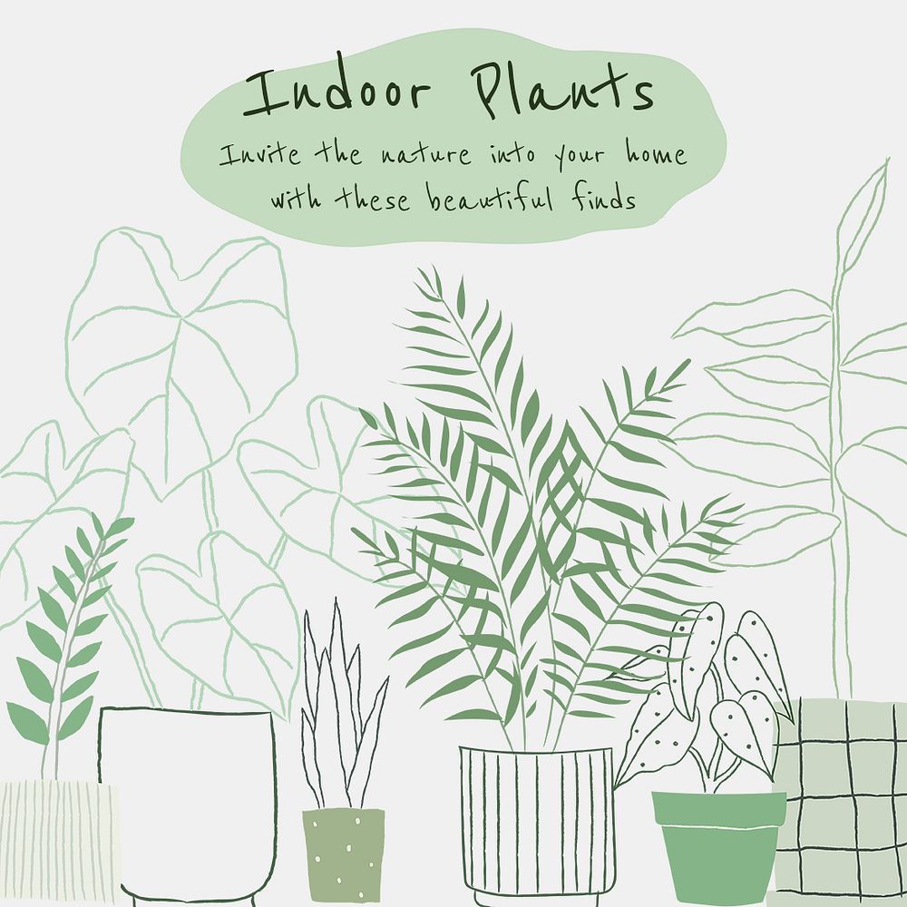 Indoor plants psd template in doodle style