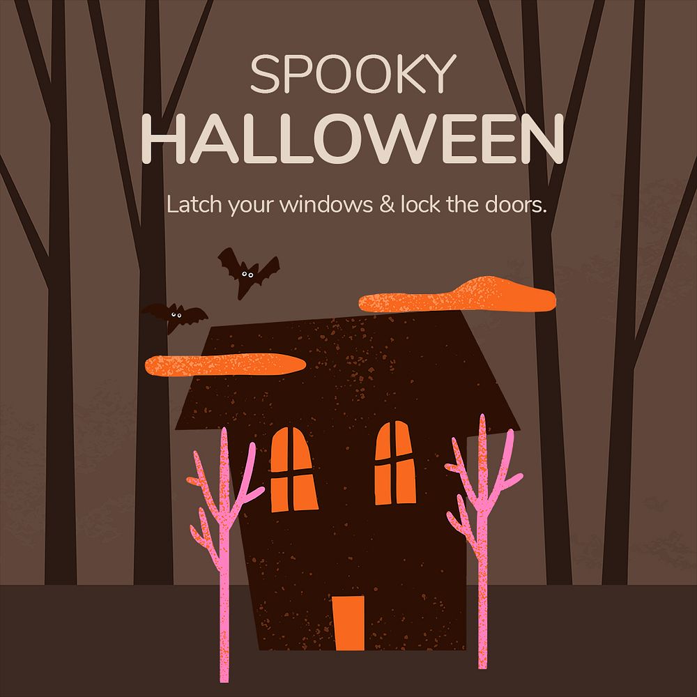 Social media post template psd, Halloween spooky haunted house illustration
