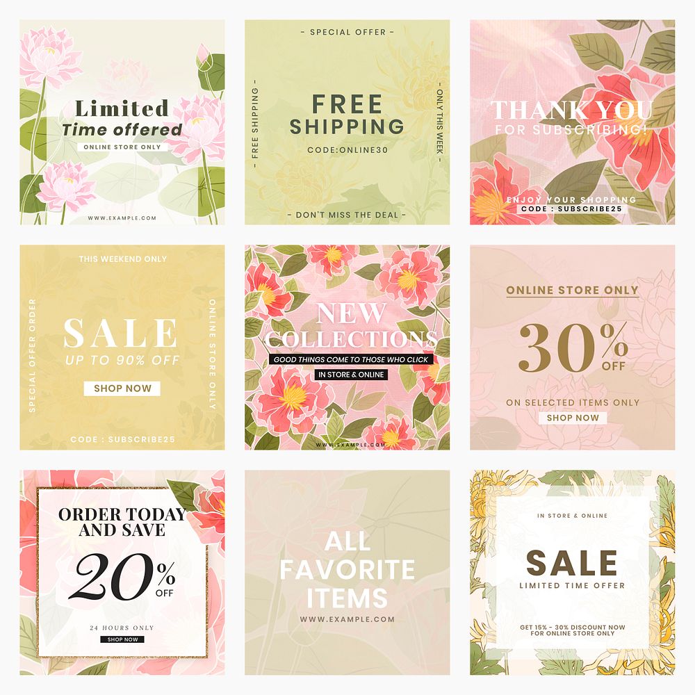 Editable template with floral Batik motif flower background for social media post psd