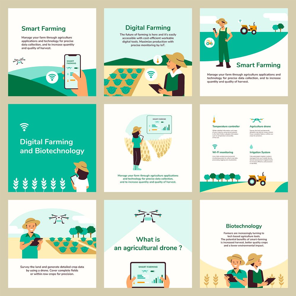 Digital farming psd editable template agricultural technology social media post set