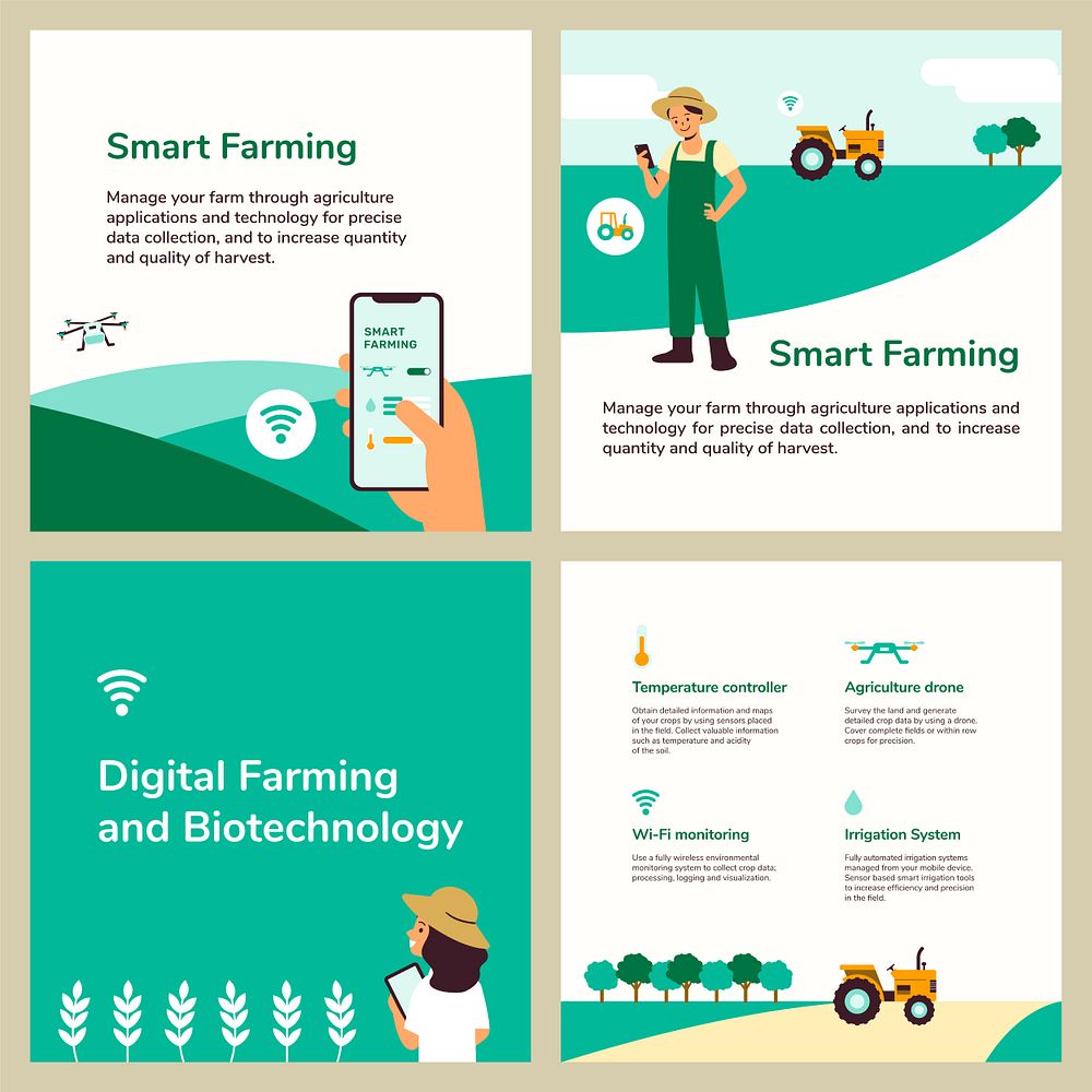 Smart farming psd editable template agricultural technology social media post set