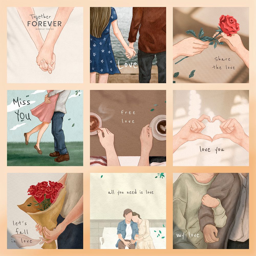 Valentine&rsquo;s day illustration templates psd for marketing social media post set