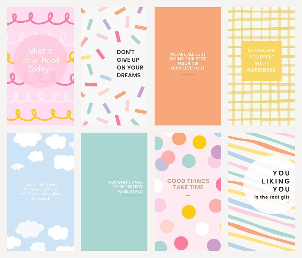 Editable template psd set for social media story in various art styles with inspirational texts