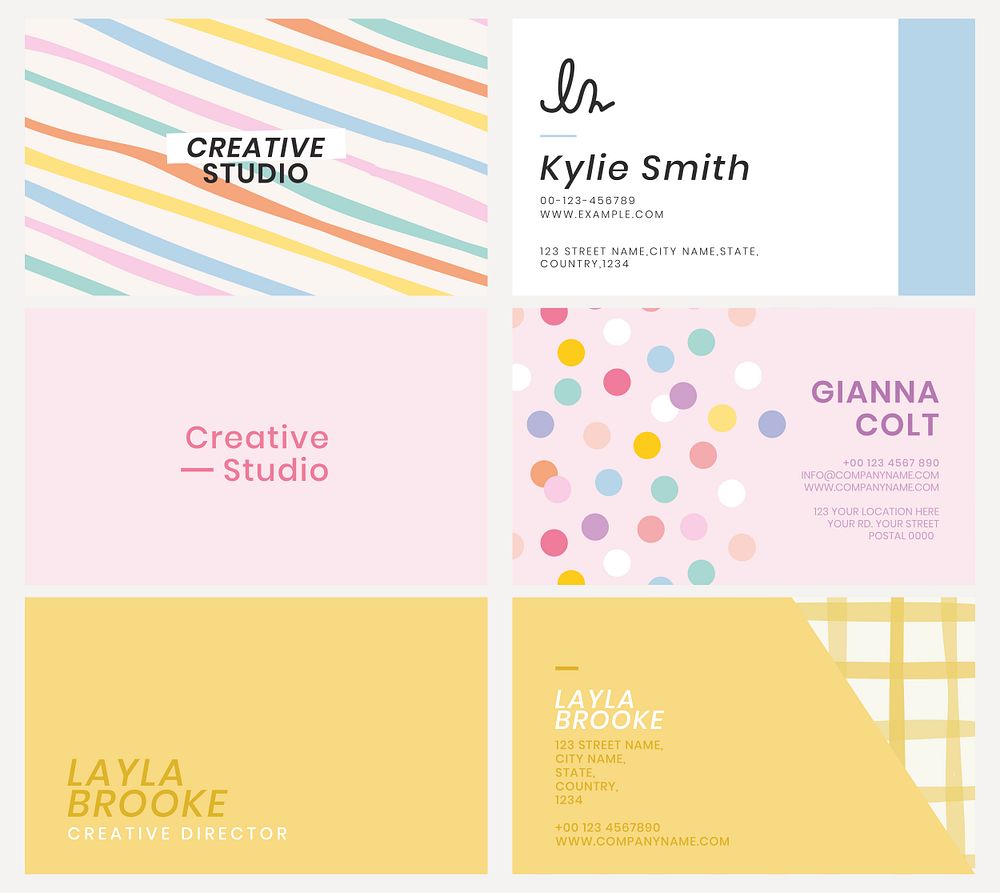 Editable business card template psd in cute pastel pattern set
