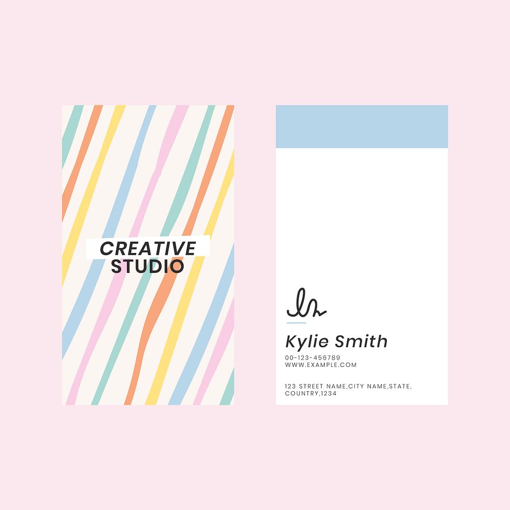 Editable business card template psd in cute pastel stripes pattern