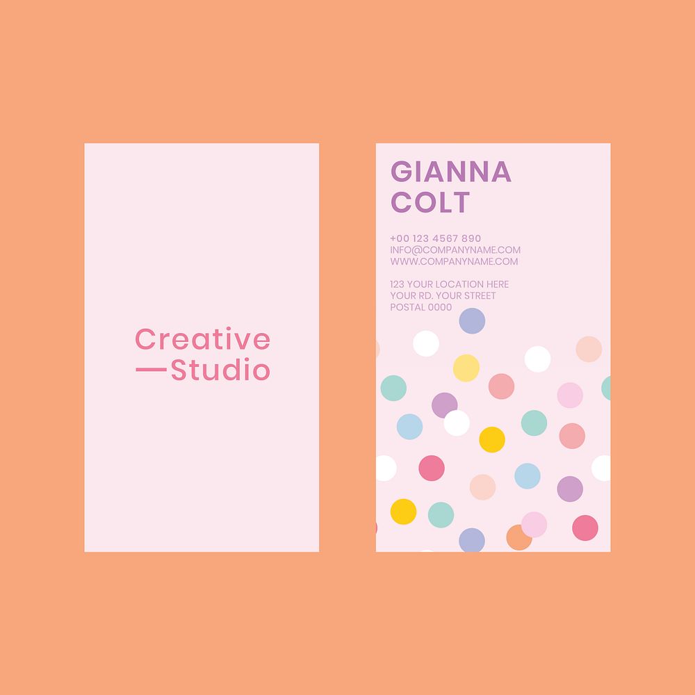 Editable business card template psd in cute pastel polka dots pattern