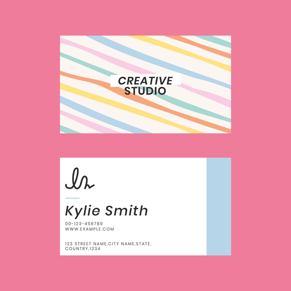 Editable business card template psd in cute pastel stripes pattern
