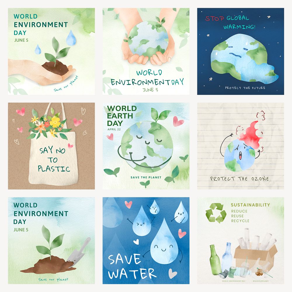 Eco-friendly editable template psd for social media post set in watercolor
