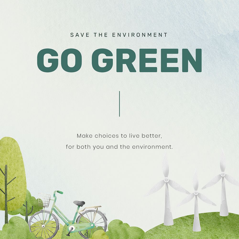 Editable environment template psd for social media post with go green text in watercolor