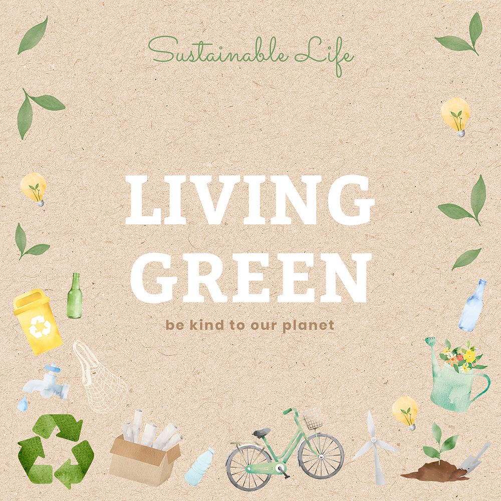 Editable environment template psd for social media post with living green text in watercolor