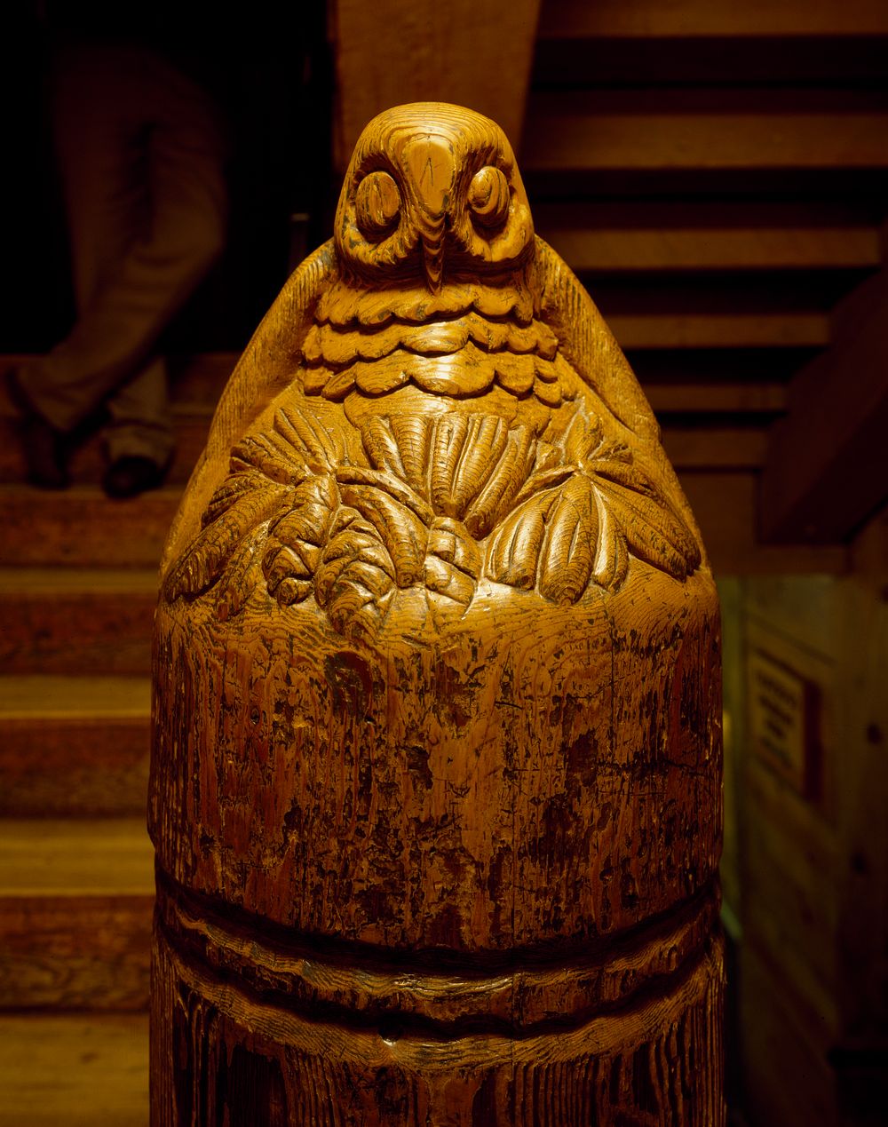 A newell post carved by Works Progress Administration workers during the Great Depression at Timberline Lodge, midway up…