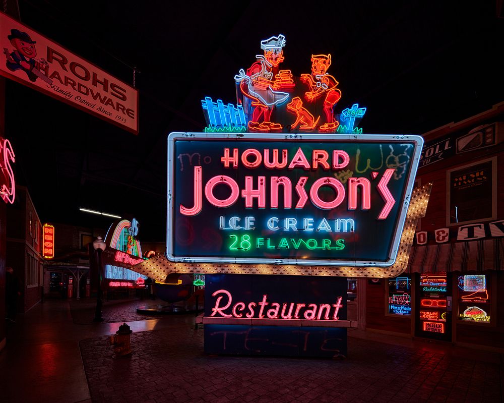 A classic outdoor neon sign advertising one of the locations of the Howard Johnson's motel and restaurant chain -- one of…