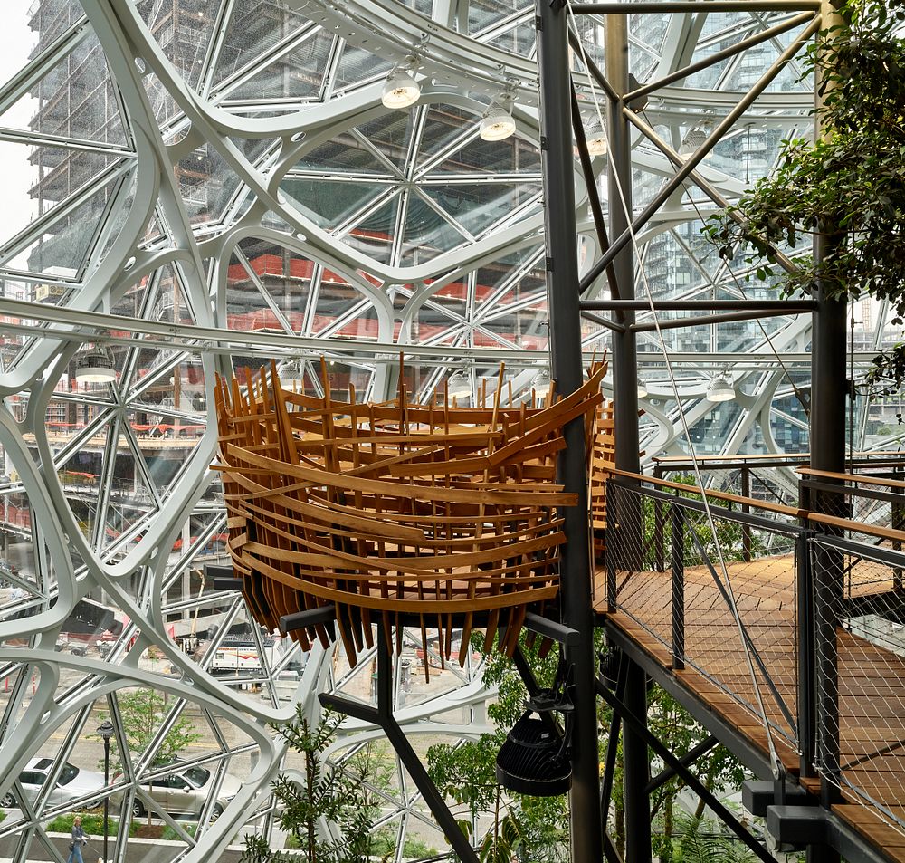 View of "the birdhouse" within the Amazon Spheres -- three spherical conservatories on the headquarters campus of the Amazon…