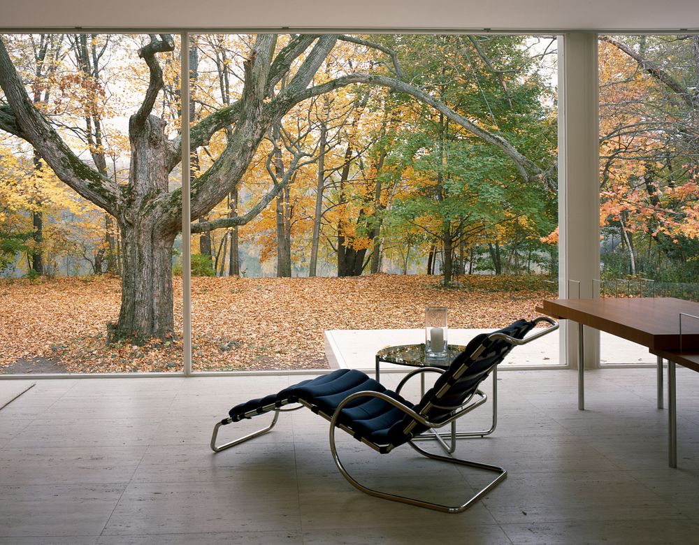 View of architect Mies van der Rohe's classic modernist Farnsworth House, now a property of the National Trust for Historic…