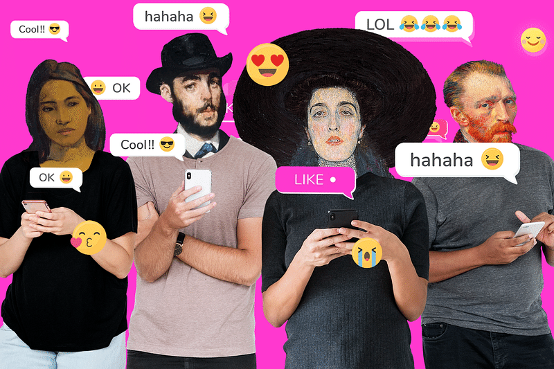 Social media addicts texting, famous artworks remixed by rawpixel.